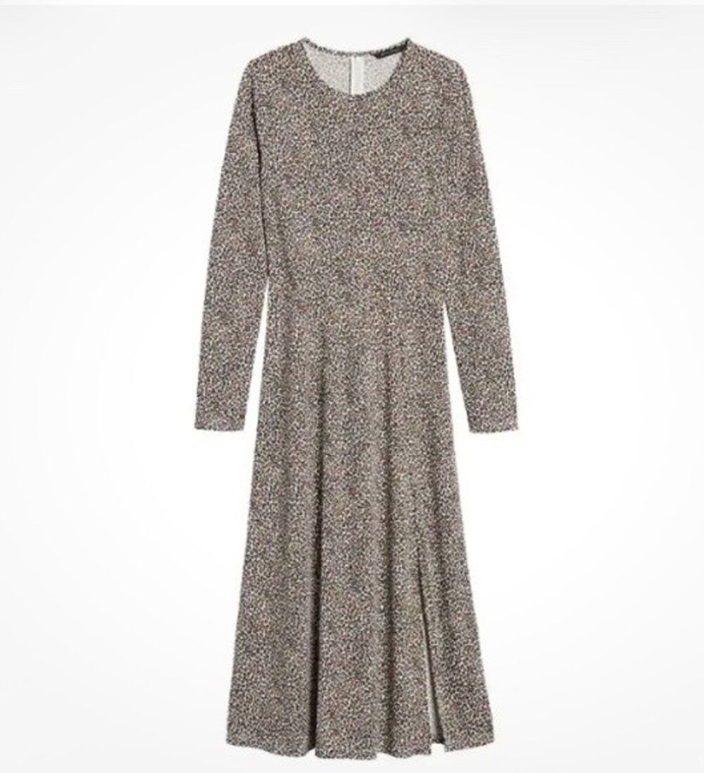 Banana Republic Leopard Cheetah Dress A Line Fit & Flare Long Sleeve Stretch Sm